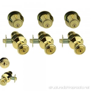 NUSet Contractor Combo Lockset 3 Sets of Keyed Entry Door Lock with Single Cylinder Deadbolt Same Key Polish Brass - B013PWKHXO