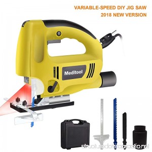 Meditool Top-handle Jig Saw Kit Variable Speed Electric Saw with 5.9FT Cord Built-in Laser & Led Light 45-Degree Max Mitre Angle Adjustable Dust Extraction Connector Parallel Guide Two Blades - B07BGXWKT8