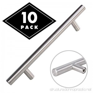 Cabinet Pulls Brushed Nickel - Long Stainless Steel Kitchen Pulls with Satin Finish T Bar Dresser Drawer Handles 10 pack 8 Overall Length 5 Hole Center for Better Grip - B073TJM3PG